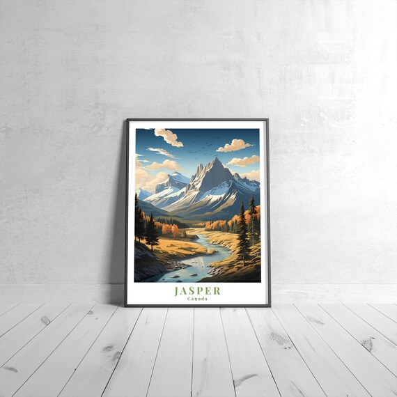 Jasper Canada Vintage Travel Poster Fall Colors Mountain River Valley