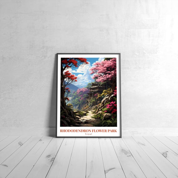 Rhododendron Flower Park Vintage Travel Poster Retro Nepal Art Print Colorful Home Decor Wall Unique Gift