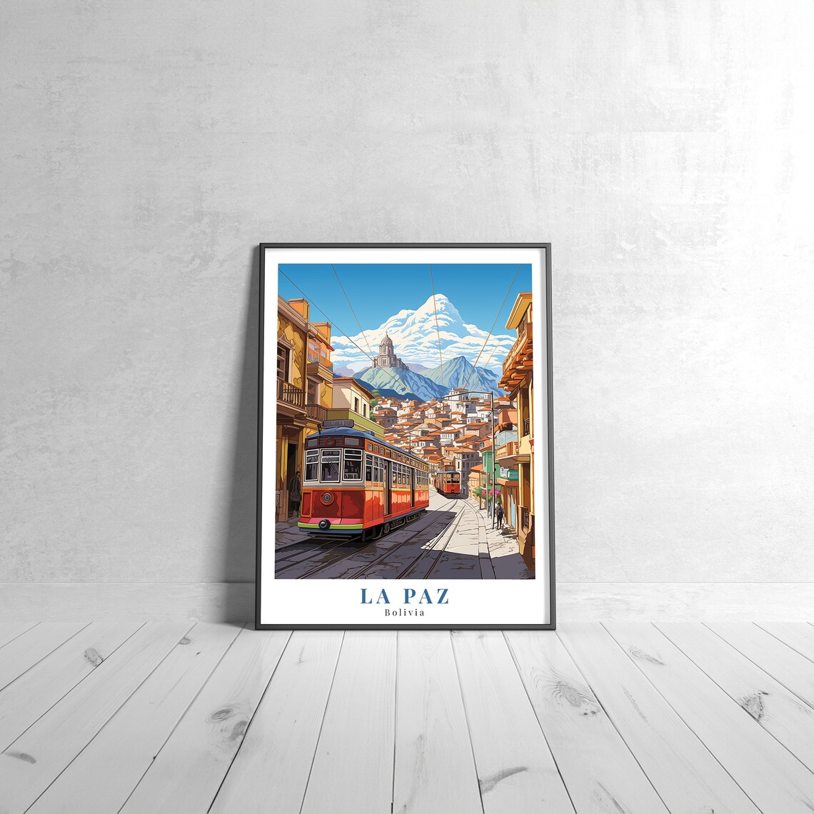 La Paz Bolivia Vintage Travel Poster Red Tram City Mountain Scene