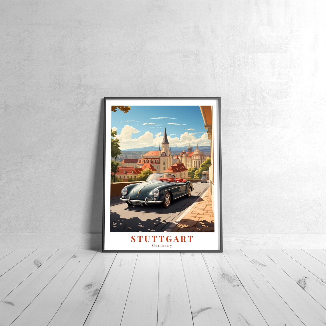 Stuttgart Germany Vintage Roadster Classic Car City Overlook Auto Poster