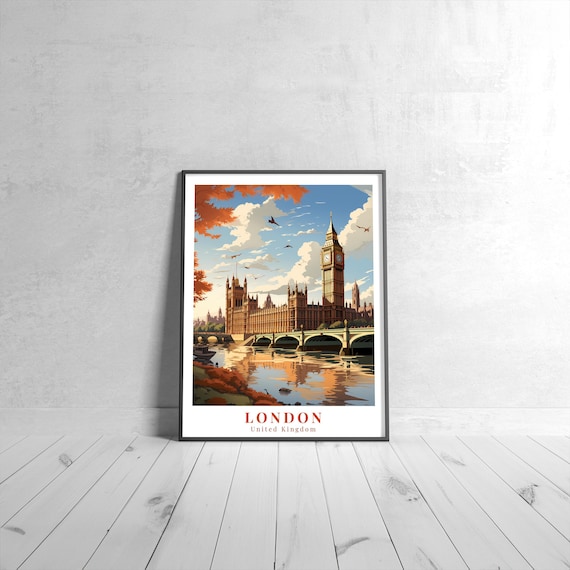 London United Kingdom Vintage Retro Travel Big Ben Thames River Poster