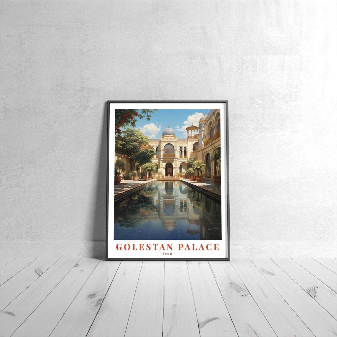 Golestan Palace Vintage Travel Poster Retro Iran Reflecting Pool Decor