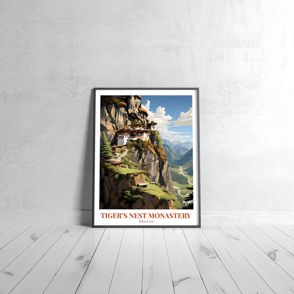 Tigers Nest Monastery Bhutan Vintage Retro Travel Poster Cliff Temple