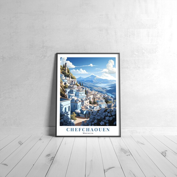 Chefchaouen Morocco Blue City Hillside Vintage Travel Poster