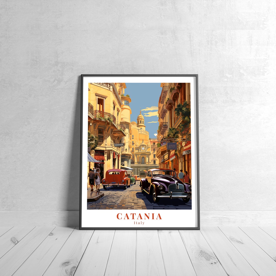 Catania Italy Cobblestone Street Vintage Cars Cathedral Art Poster