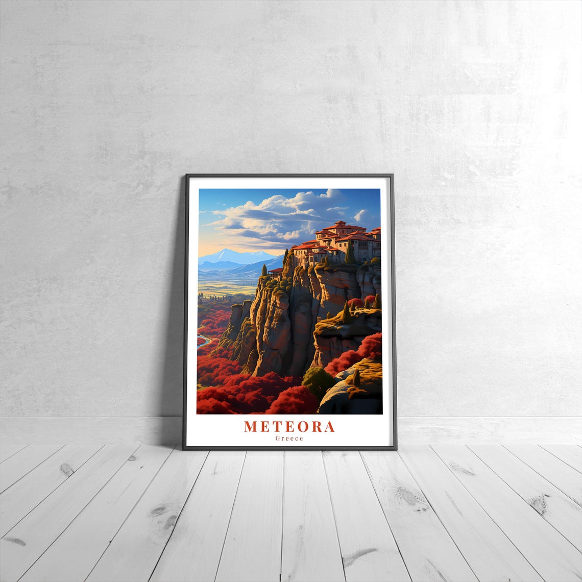 Meteora Greece Cliff Monasteries Autumn Sunset Vintage Travel Print