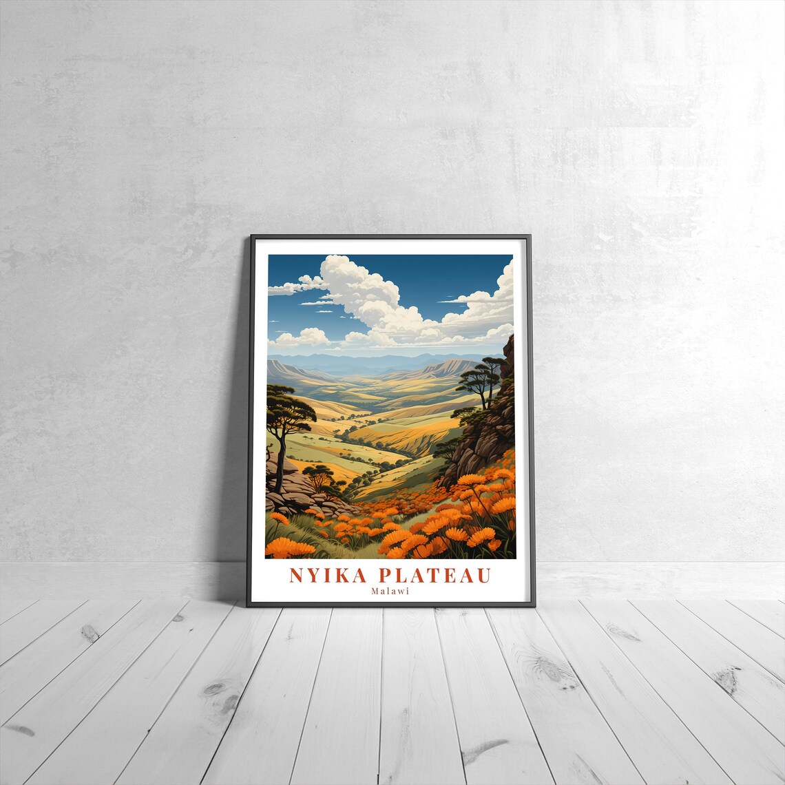 Nyika Plateau Malawi Vintage Travel Poster African Hills Wildflower