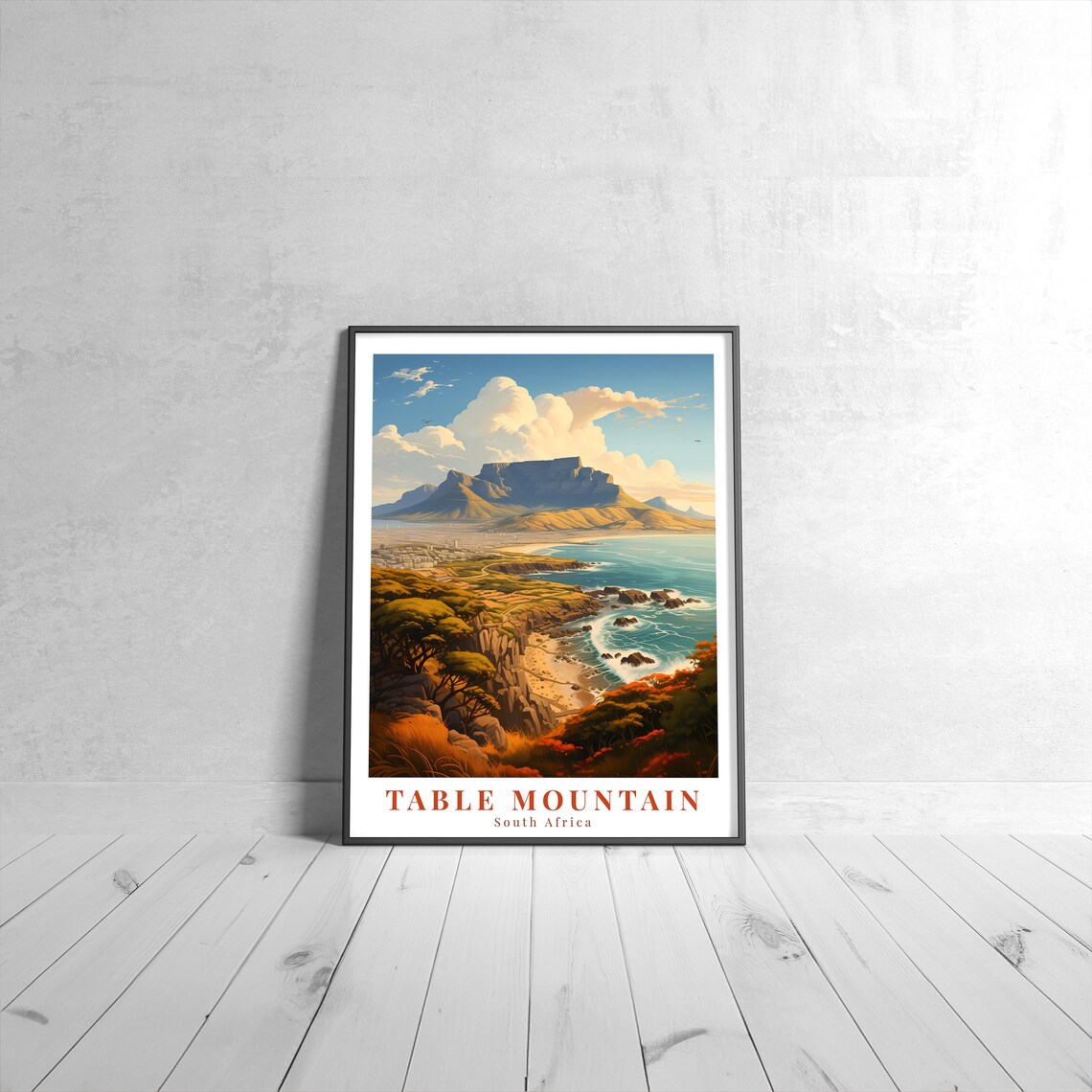 Table Mountain South Africa Golden Coastal View Retro Travel Poster