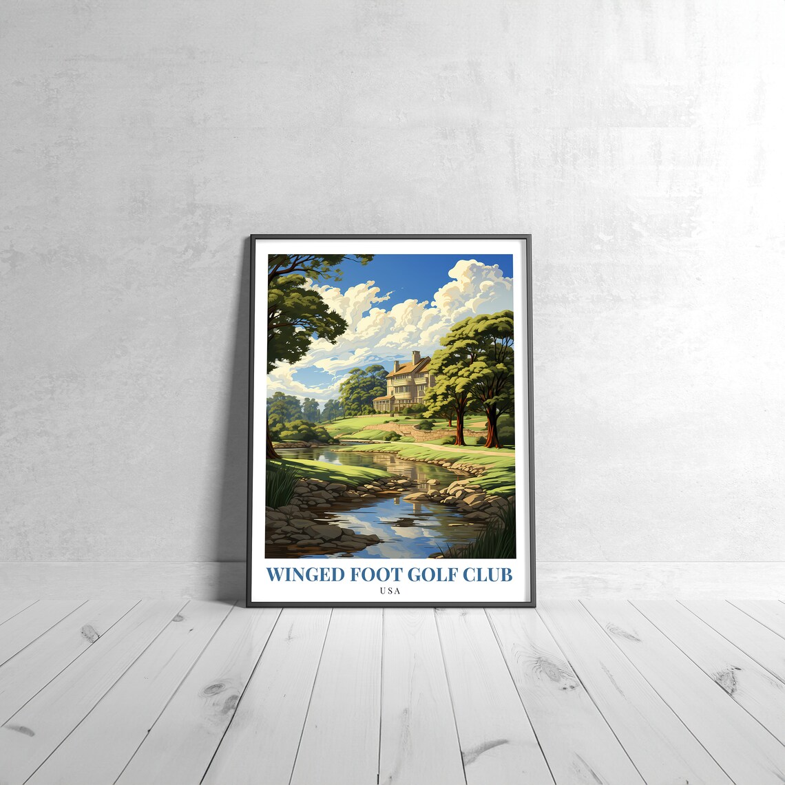 Winged Foot Golf Club USA Vintage Travel Poster With Clubhouse And River