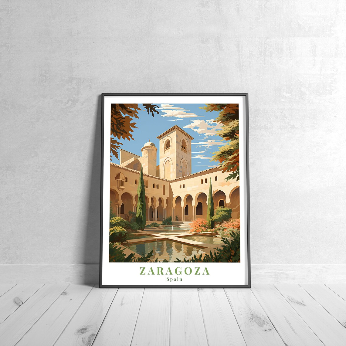 Zaragoza Spain Historic Courtyard Arcade Architecture Travel Poster