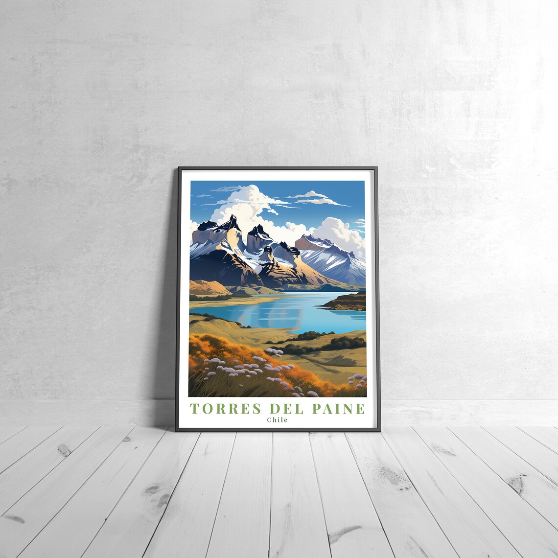 Torres Del Paine Chile Patagonia Blue Lake Wildflower Travel Poster