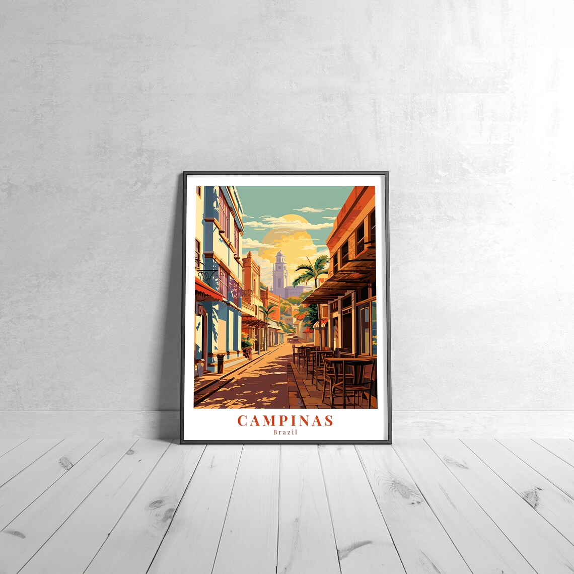 Campinas Brazil Vintage Travel Poster with Old Town Street and Tower