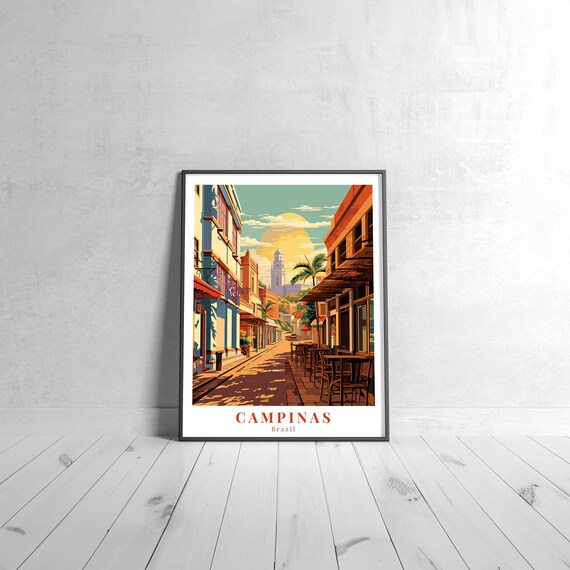 Campinas Brazil Vintage Travel Poster with Old Town Street and Tower
