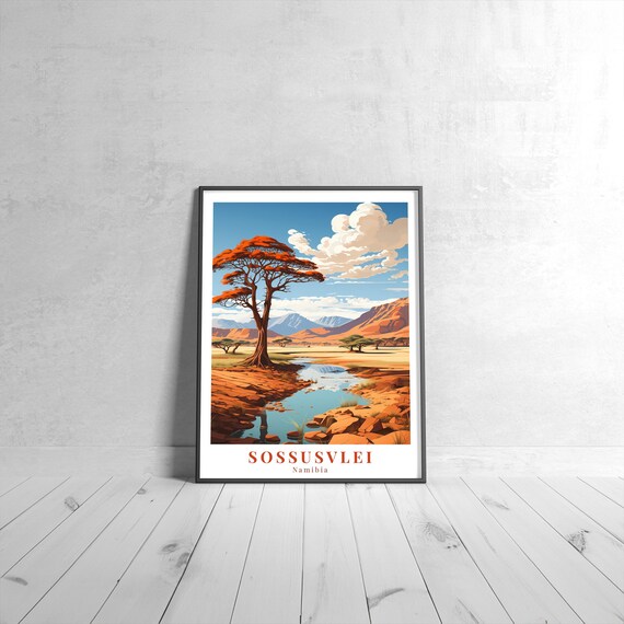 Sossusvlei Namibia Acacia Tree Red Desert Dunes Oasis Vintage Travel Poster