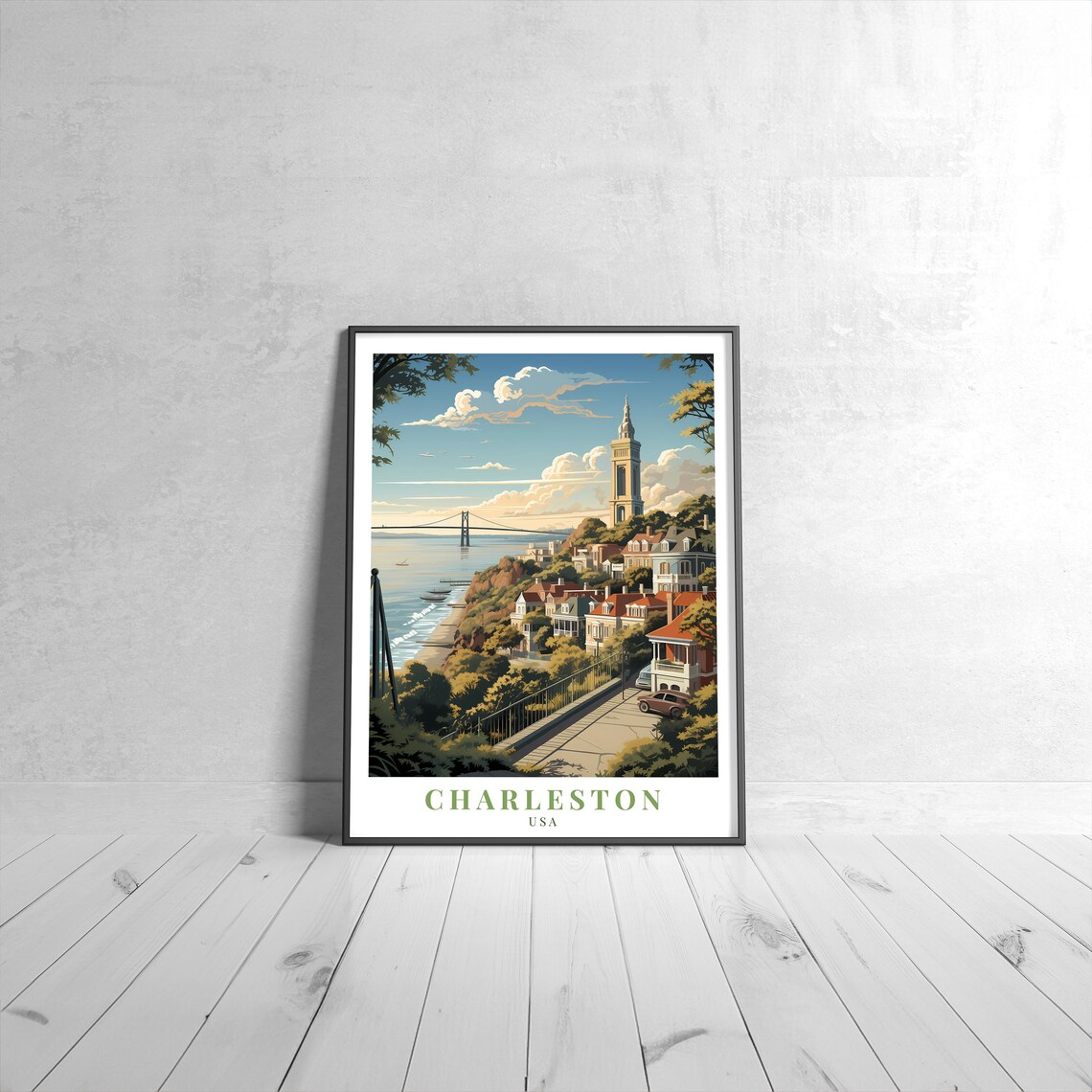 Charleston USA Historic Waterfront Bridge Retro Vintage Travel Poster
