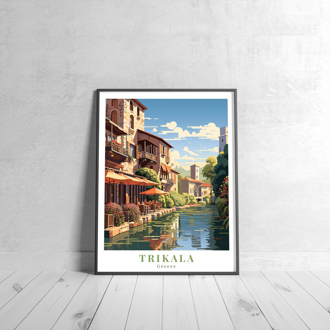 Trikala Vintage Travel Poster, Retro Greece
