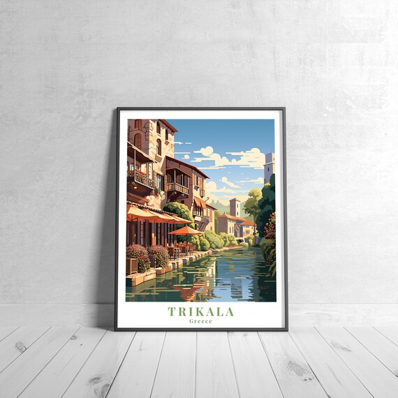 Trikala Vintage Travel Poster, Retro Greece