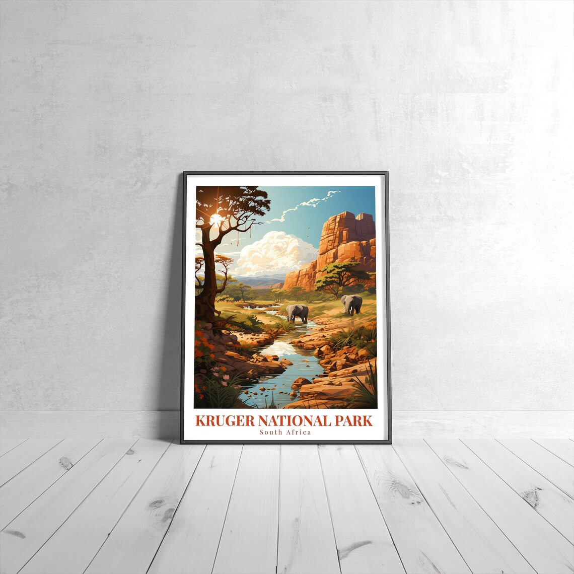 Kruger National Park South Africa Vintage Travel Poster Elephants Stream