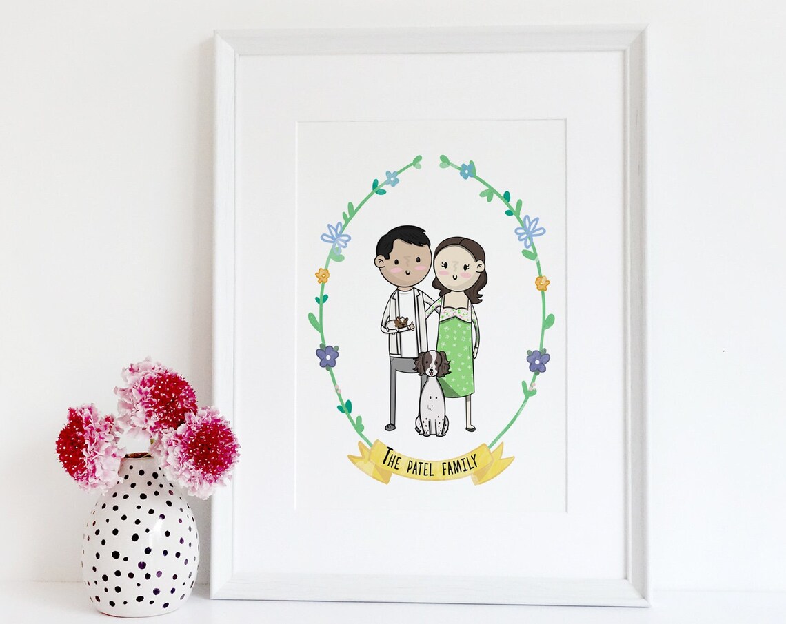 Custom Cartoon Couple Portrait with Dog Floral Wreath Poster
