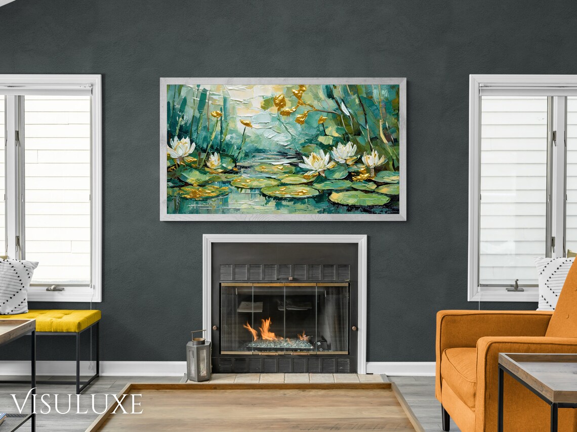 Water Lilies Golden Teal Pond Impasto Floral Nature Painting Wall Art - Image 3