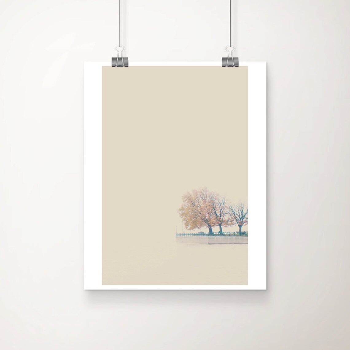 Lone Lakeside Trees at Lake Constance Misty Minimalist Photo Poster