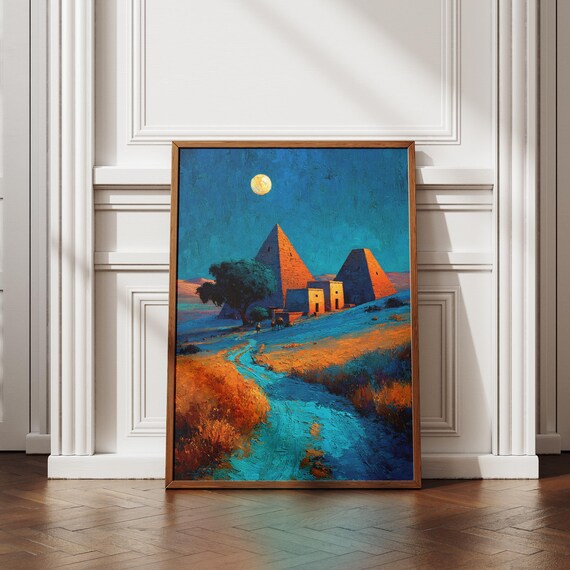Meroe Pyramids Under Full Moon Night Desert Impressionist Poster
