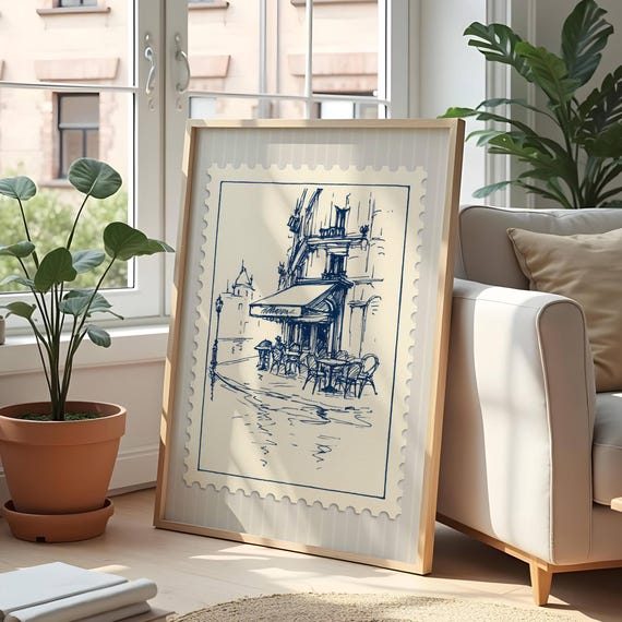 Paris Cafe Scene Vintage Stamp Style Art Print