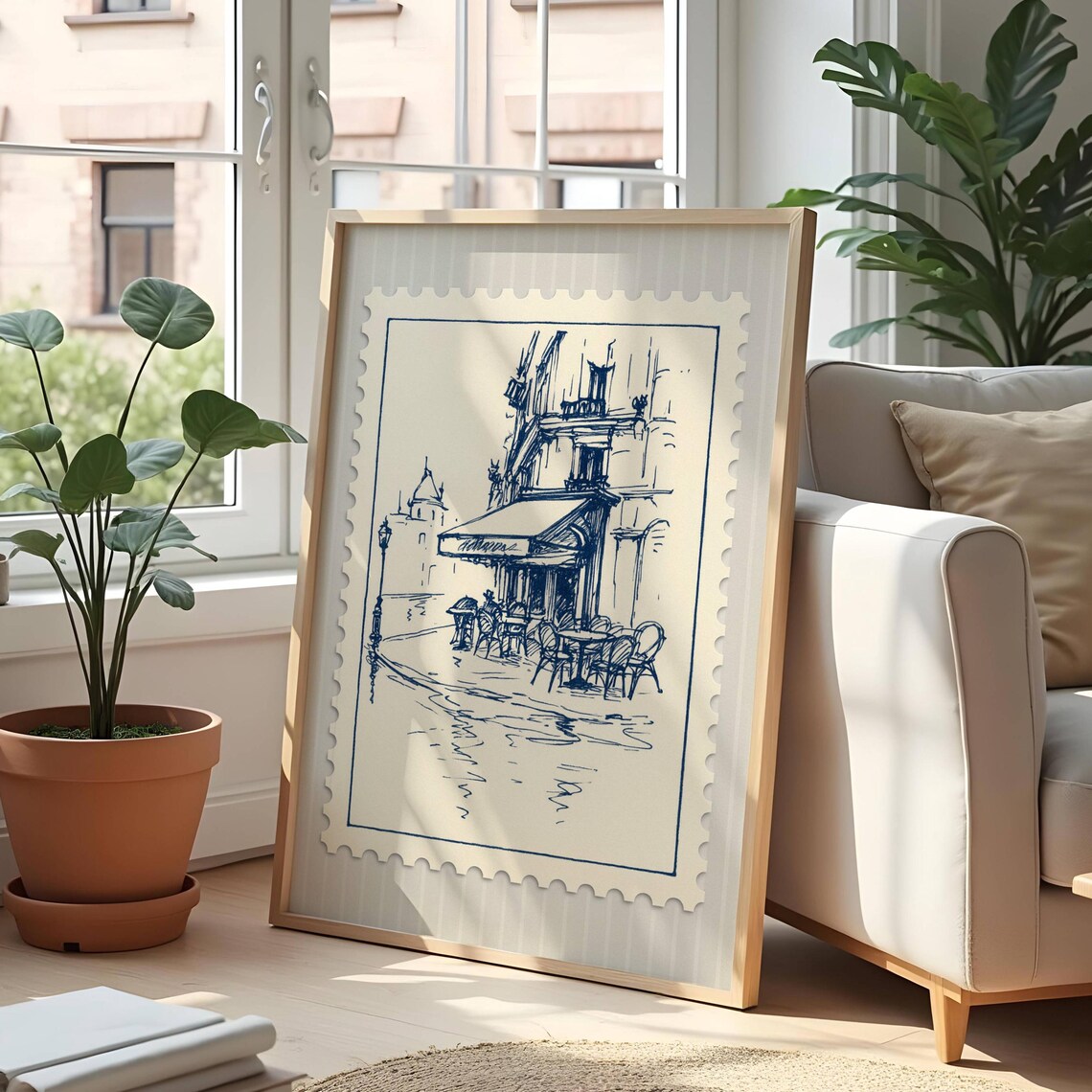 Paris Cafe Scene Vintage Stamp Style Art Print
