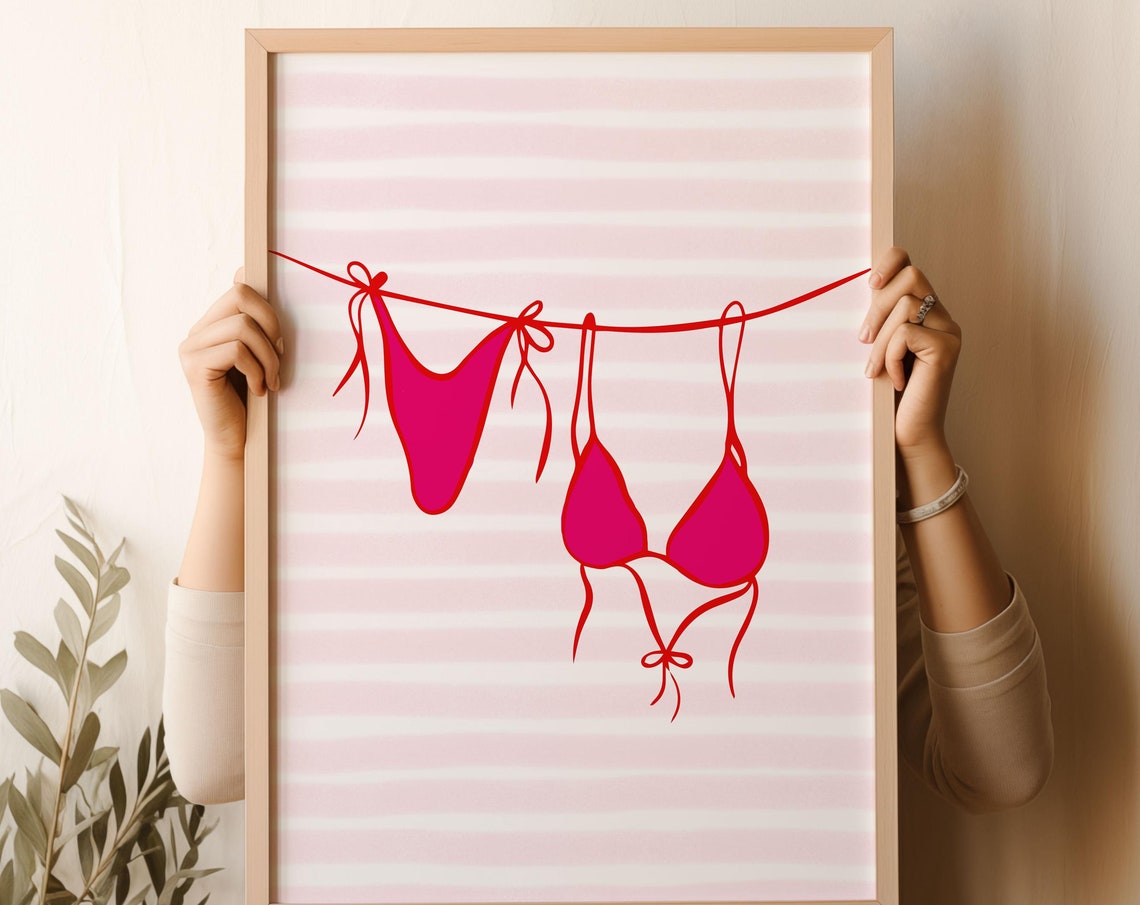 Hot Pink Bikini Clothesline Line Art Cheerful Summer Beach Poster