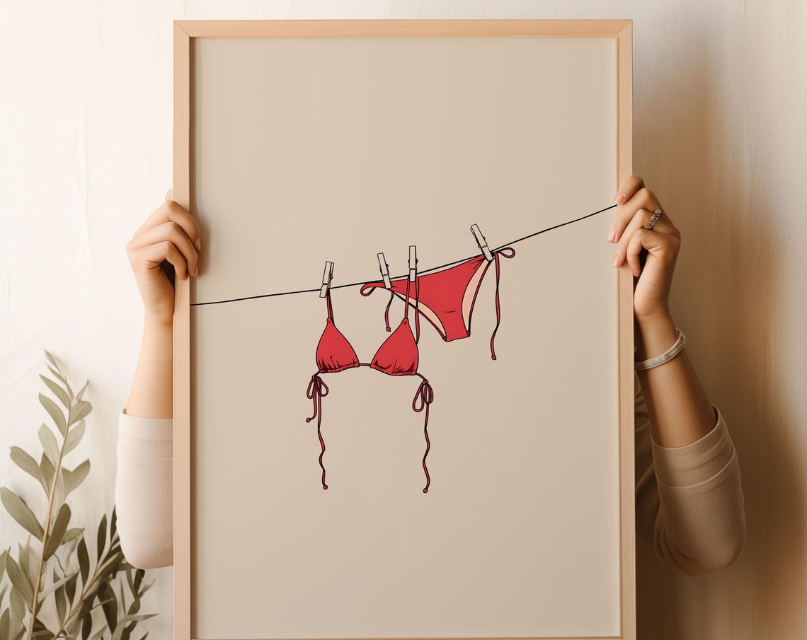 Red Bikini Clothesline Warm Coastal Summer Minimal Art Poster