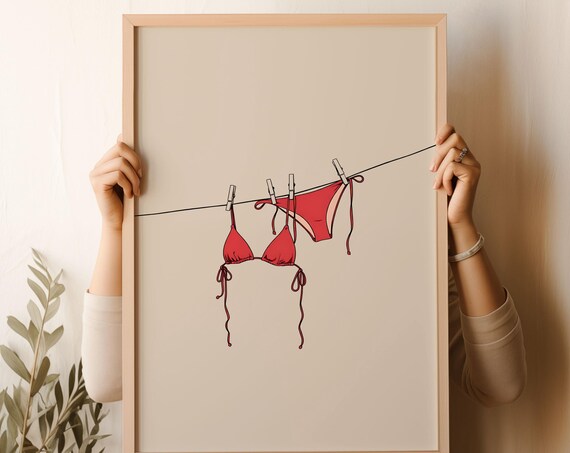 Red Bikini Clothesline Warm Coastal Summer Minimal Art Poster