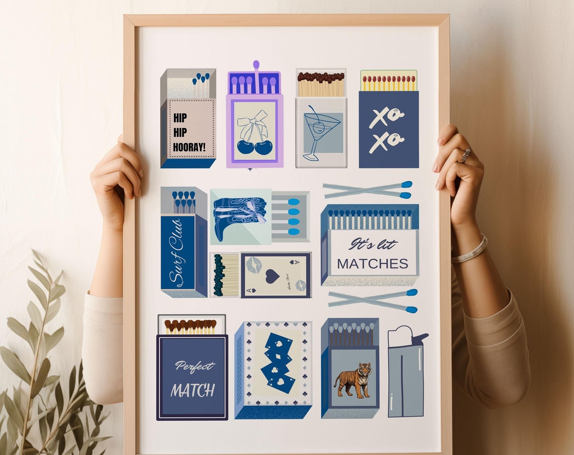 Blue Vintage Matchbox Collage Retro Matchbook Coastal Poster