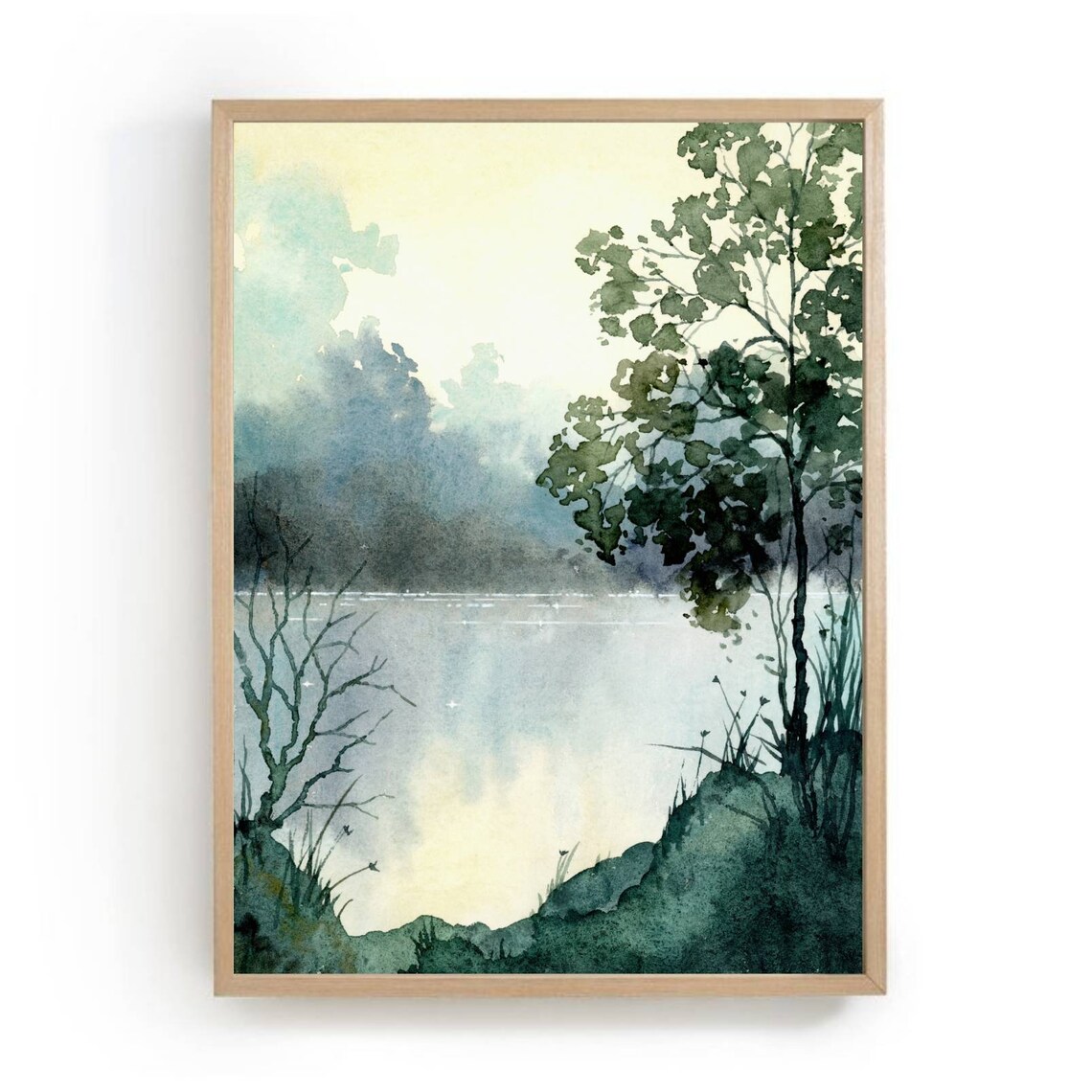 Sunrise Lake Watercolor Art Print, Forest Landscape
