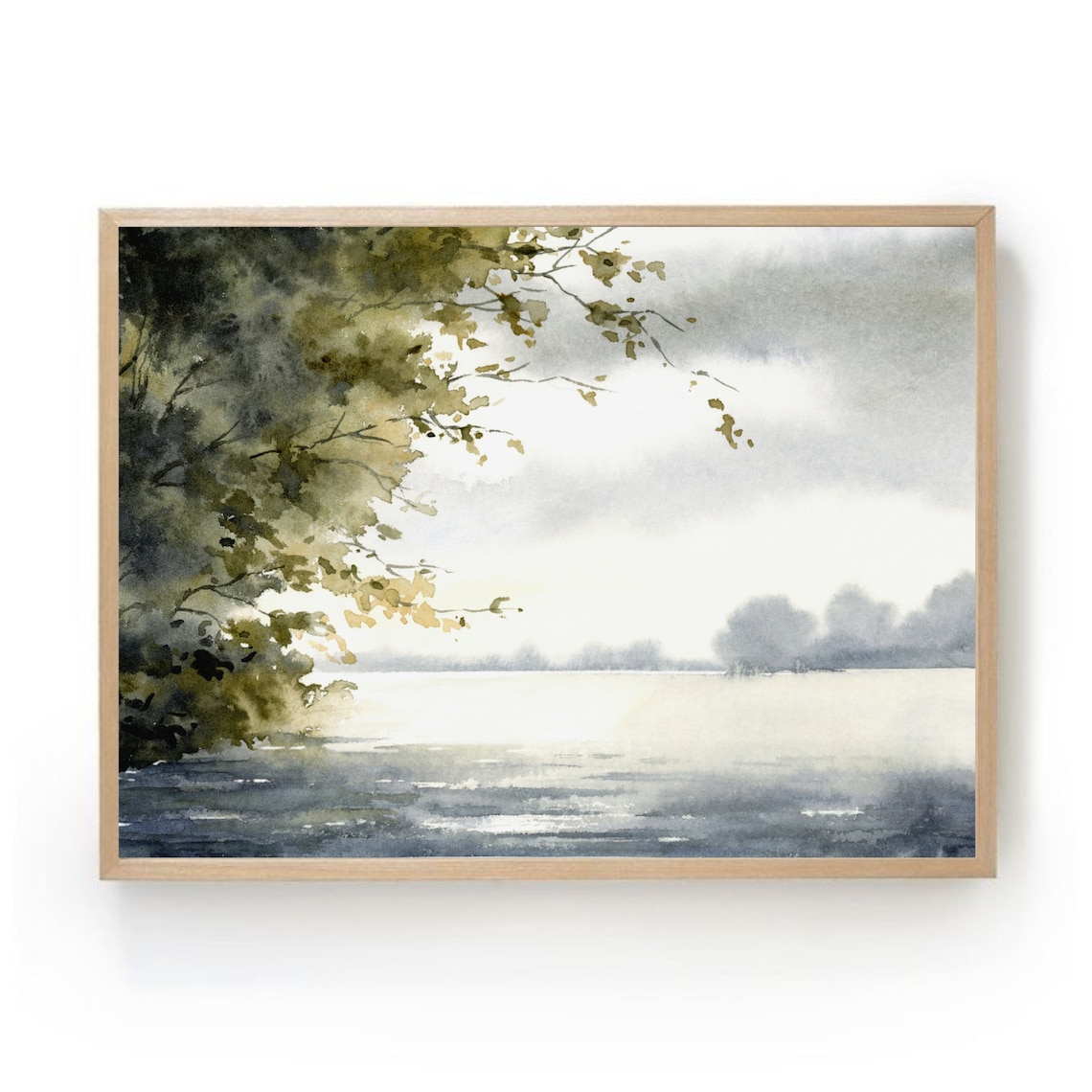 Sunset Lake Watercolor Landscape Art Print, Neutral