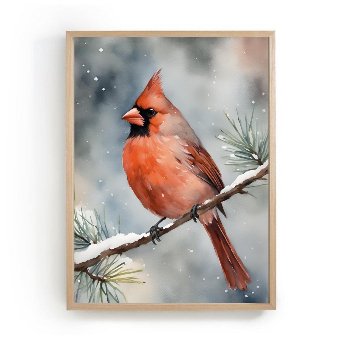 Red Cardinal Bird Painting, Winter Forest Art Print