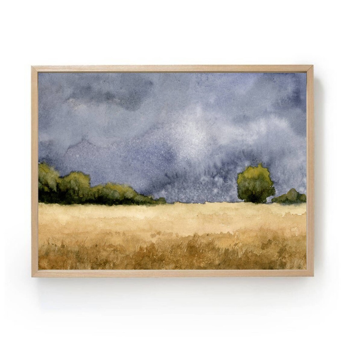 Wheat Field Watercolor, Thunderstorm Countryside Art Print