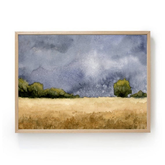 Wheat Field Watercolor, Thunderstorm Countryside Art Print