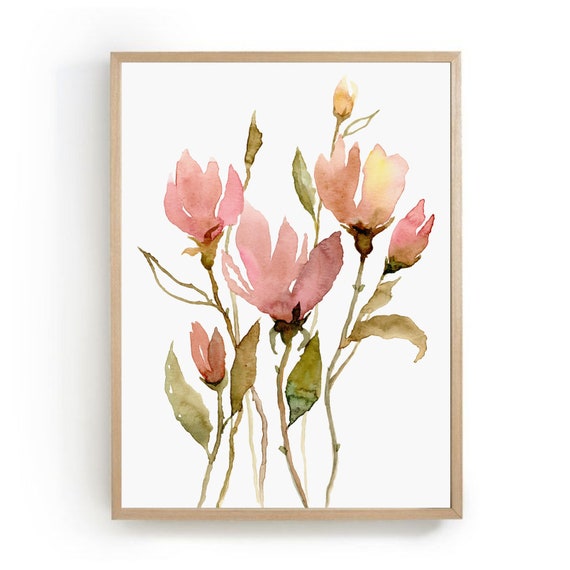 Floral Watercolor Art Print, Neutral Pink Green