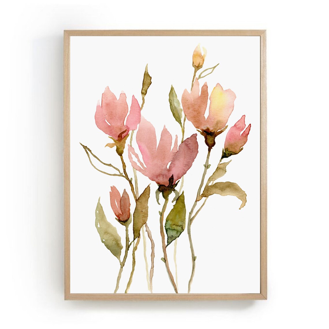Floral Watercolor Art Print, Neutral Pink Green