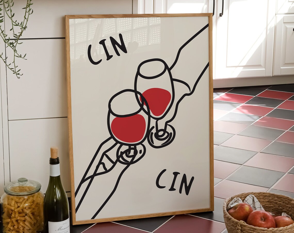 Cin Cin Wine Print, Vintage Mid-Century Bar Cart Art