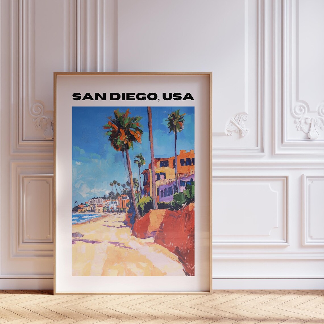 San Diego USA Colorful Beach Painting Palms Cliffs Travel Poster