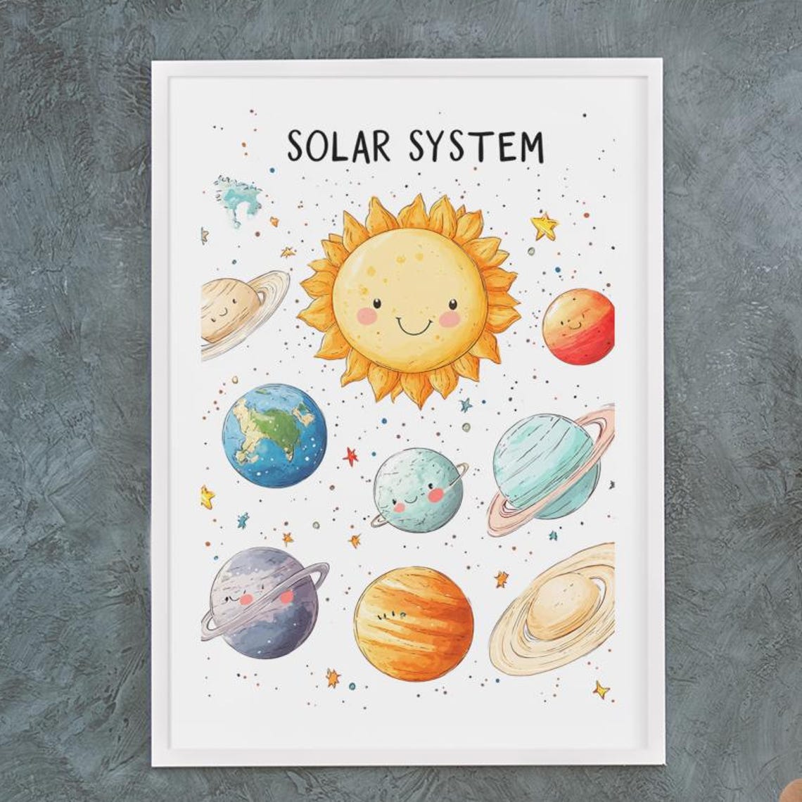 Cute Solar System Planets White Background Educational Kids Poster