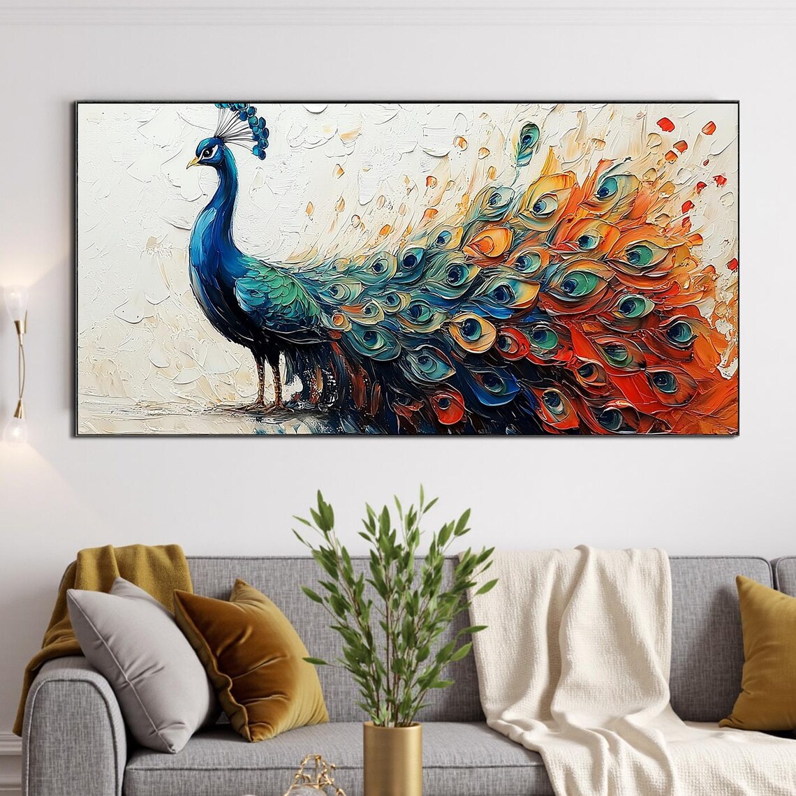 Blue Peacock With Fiery Tail Feathers Textured Oil Painting Poster