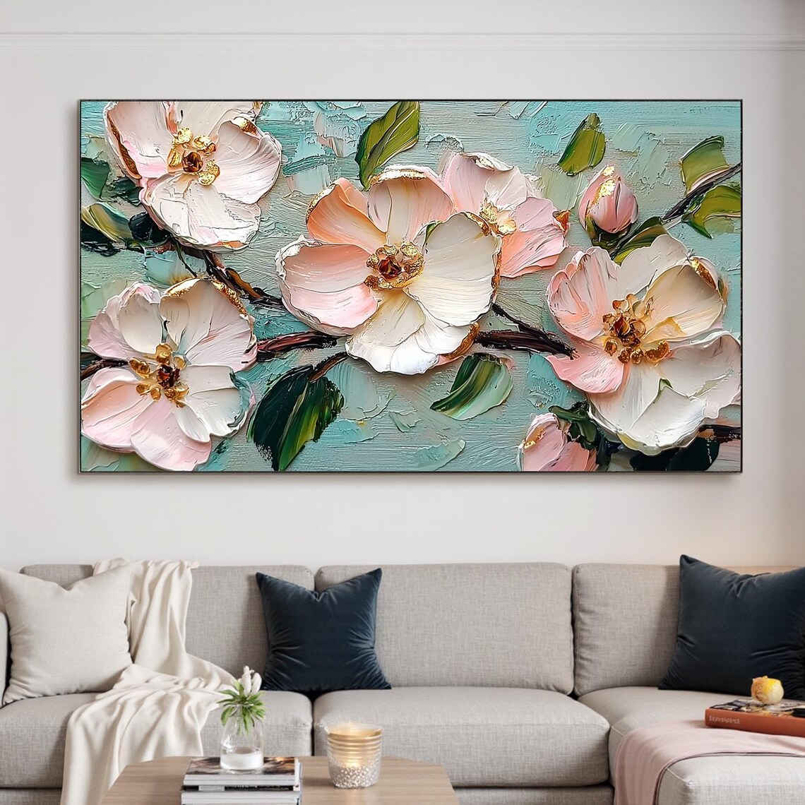 Pink Blossoms on Branches Over Teal Impasto Floral Oil Painting Poster