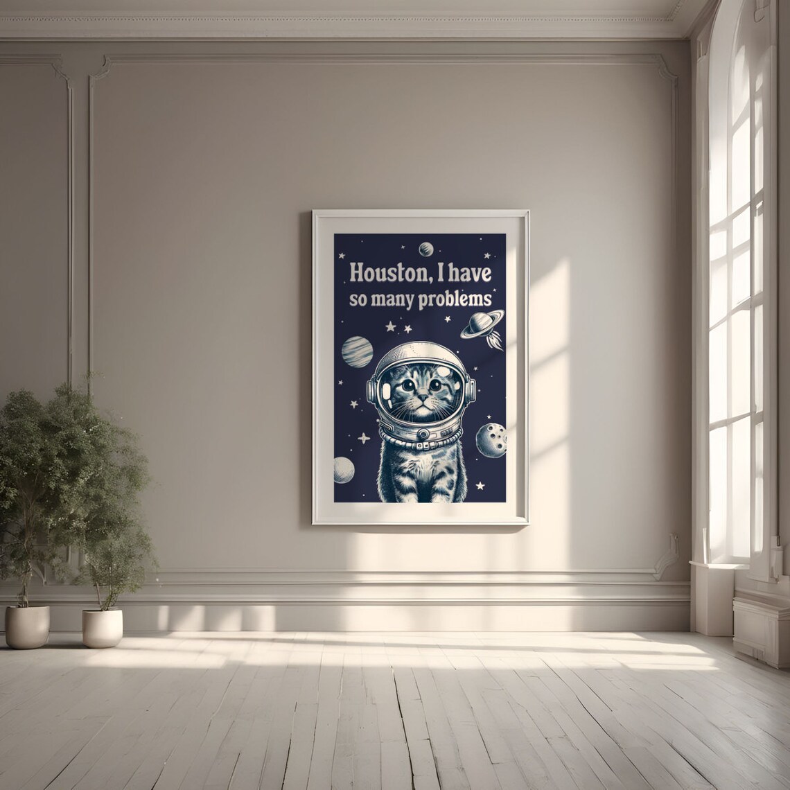 Houston I Have So Many Problems Funny Astronaut Cat Poster Floating in Space - Image 3