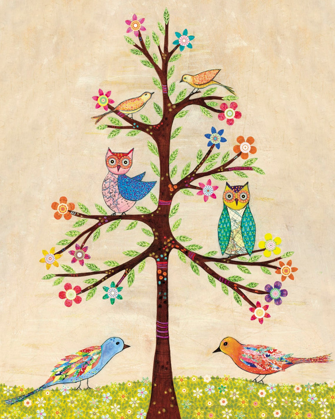Whimsical Owls And Birds In Folk Art Tree For The Nursery Poster