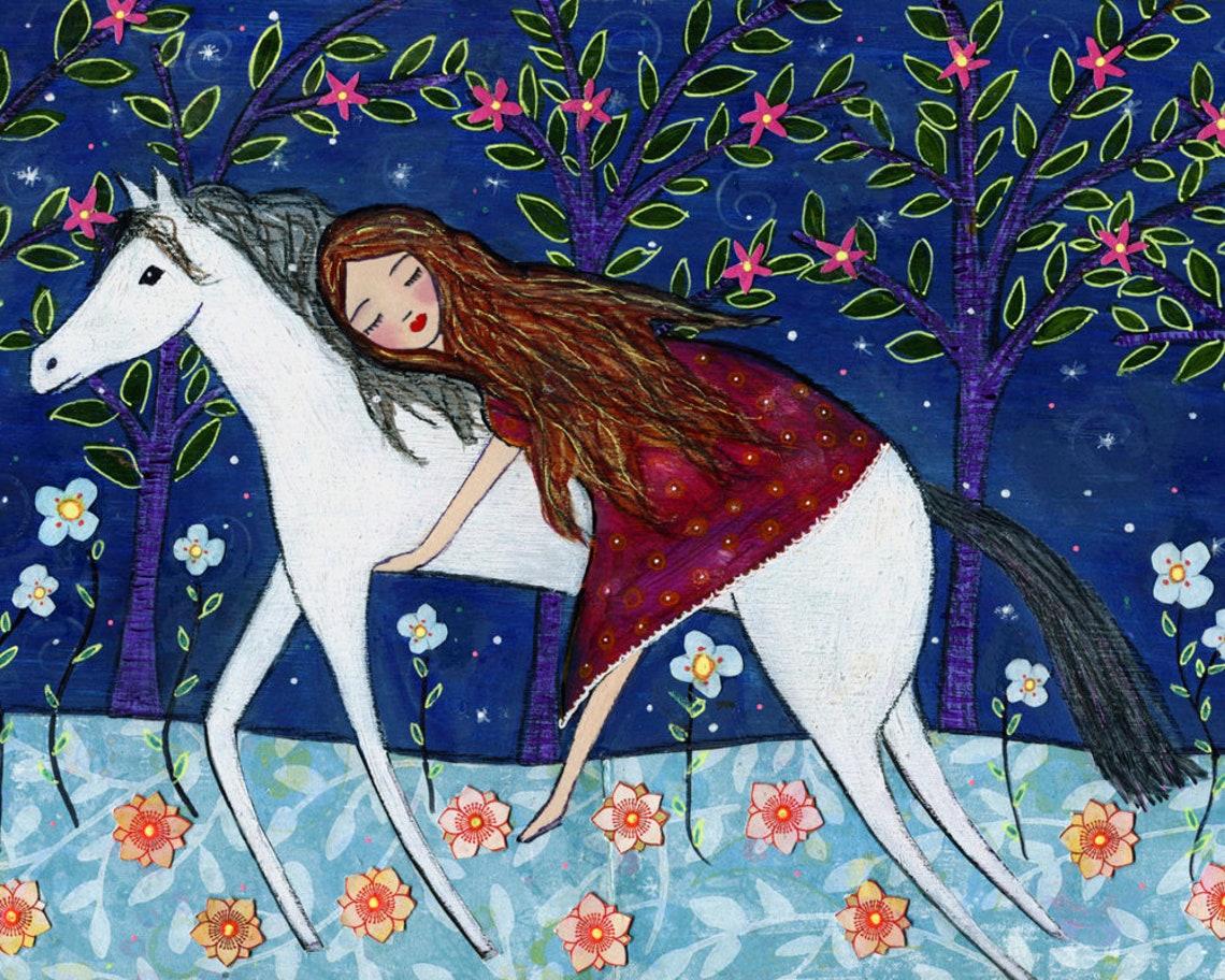 Girl Riding a White Horse Through a Starry Night Garden Poster