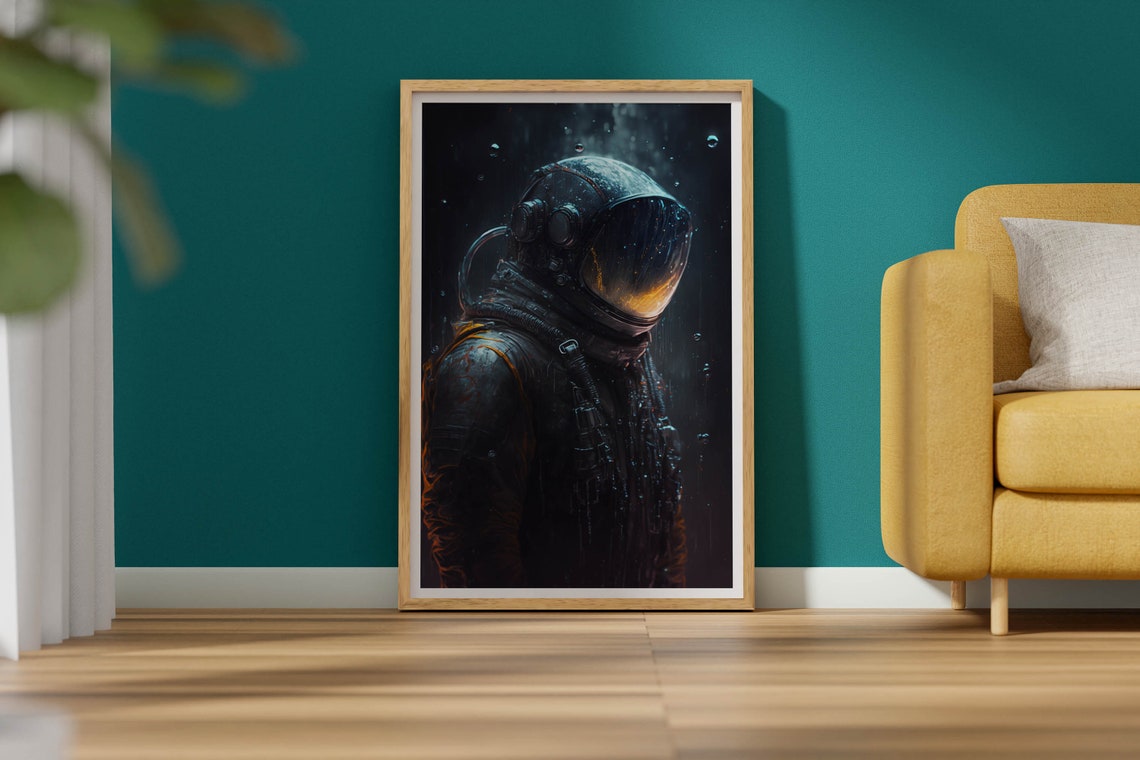 Astronaut Close Up In Rain Poster Golden Visor Light Dark Space Art - Image 2