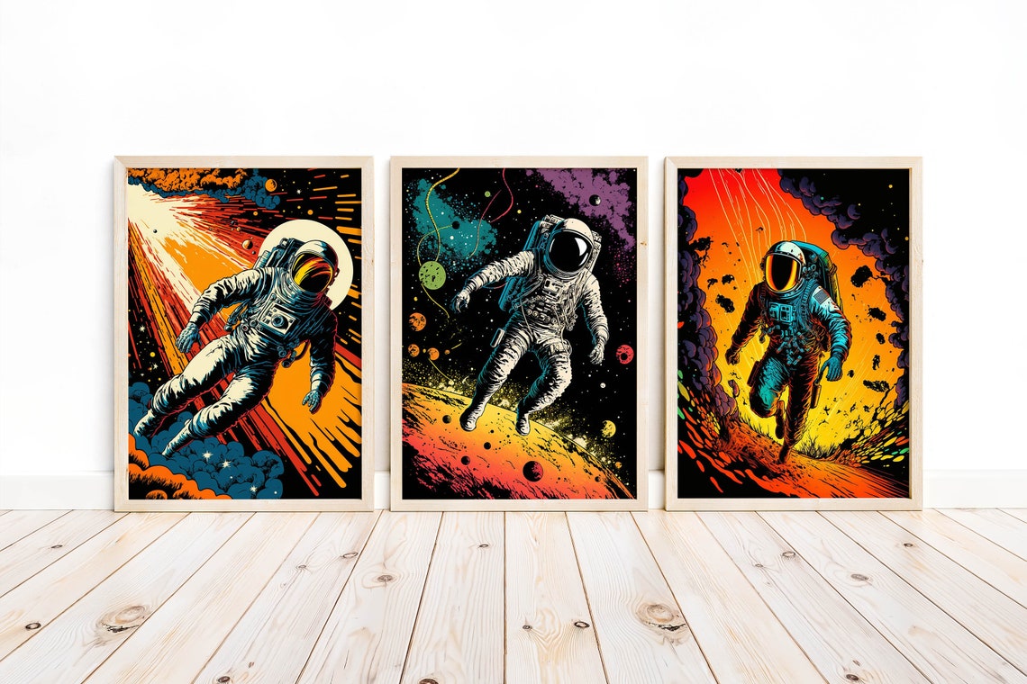 Vibrant Retro Astronaut Planets Pop Cosmic Adventure Wall Art - Image 2