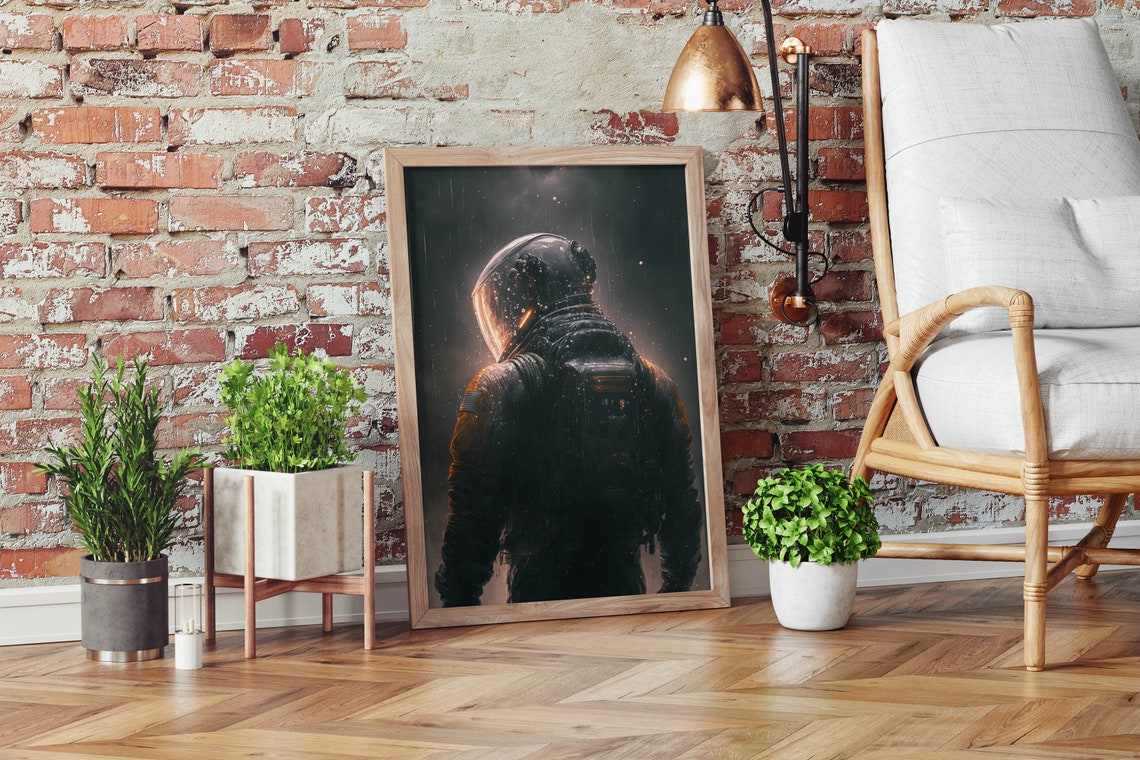Astronaut Standing In Dark Rain Poster Moody Amber Visor Glow Artwork - Image 2